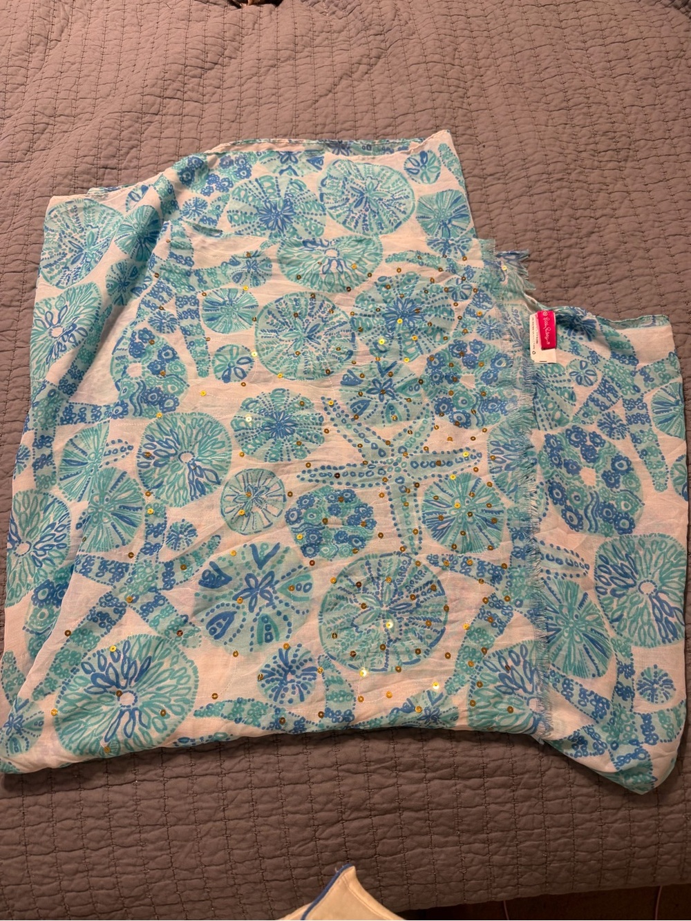 Lilly Pulitzer Scarf Blue Sea Urchins Target Gold Sequins Fringe Wrap Sarong